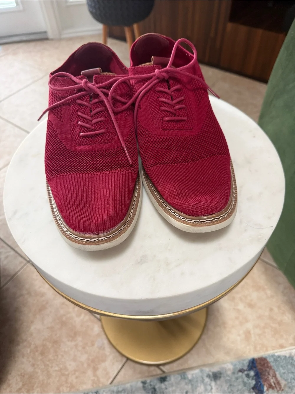 Alfani Alfatech Red Knit Lace-Up Sneakers with off white sole
